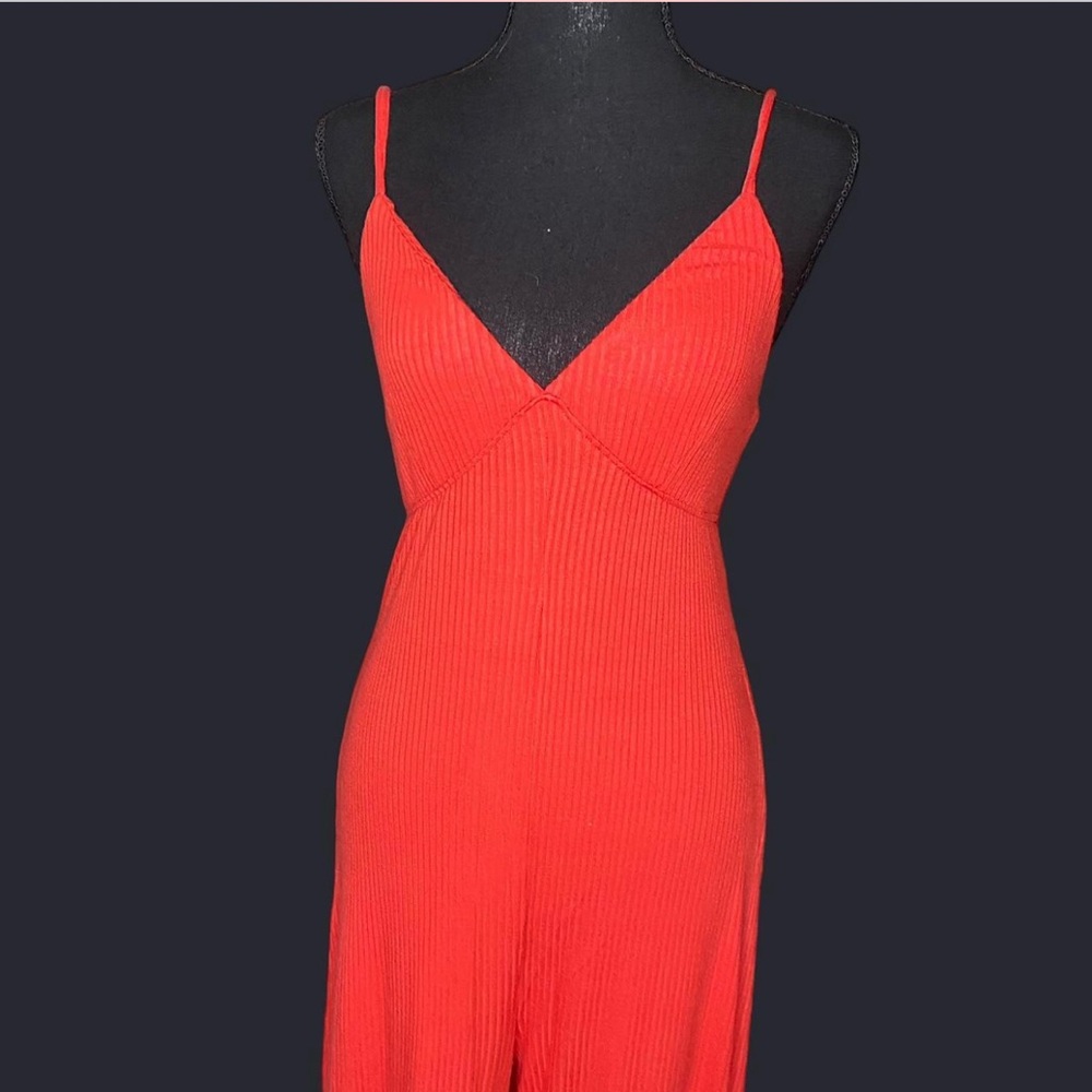Red Ribbed Sleeveless Jumpsuit